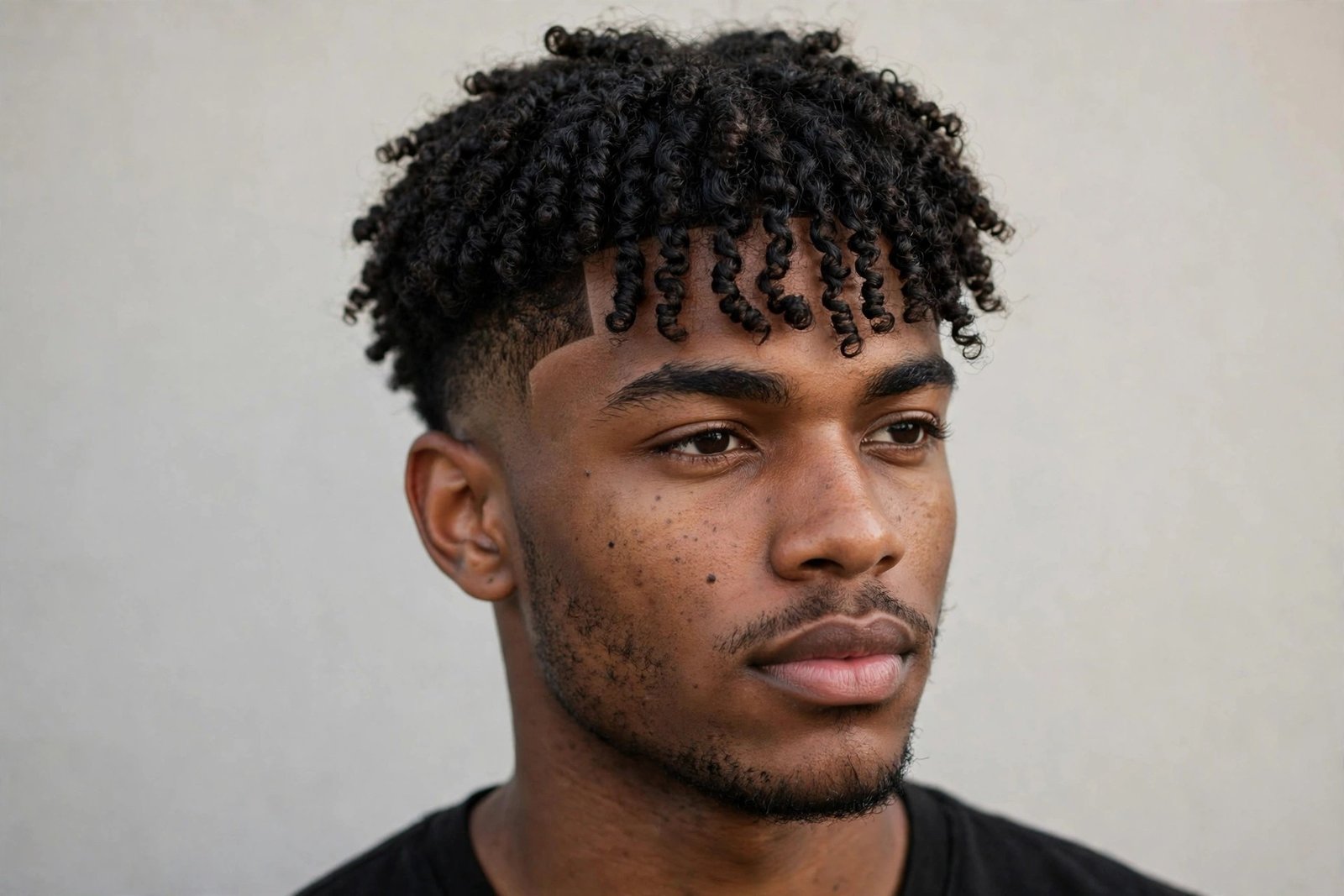 Coily fringe men with shape up, tight coils forward with crisp hairline lineup, sharp defined edges, studio