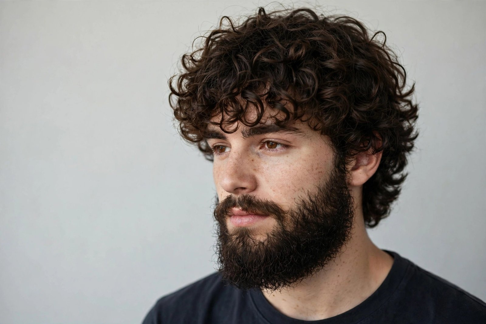 Curly fringe men with full beard, curls on forehead paired with shaped beard, masculine grooming, studio photo