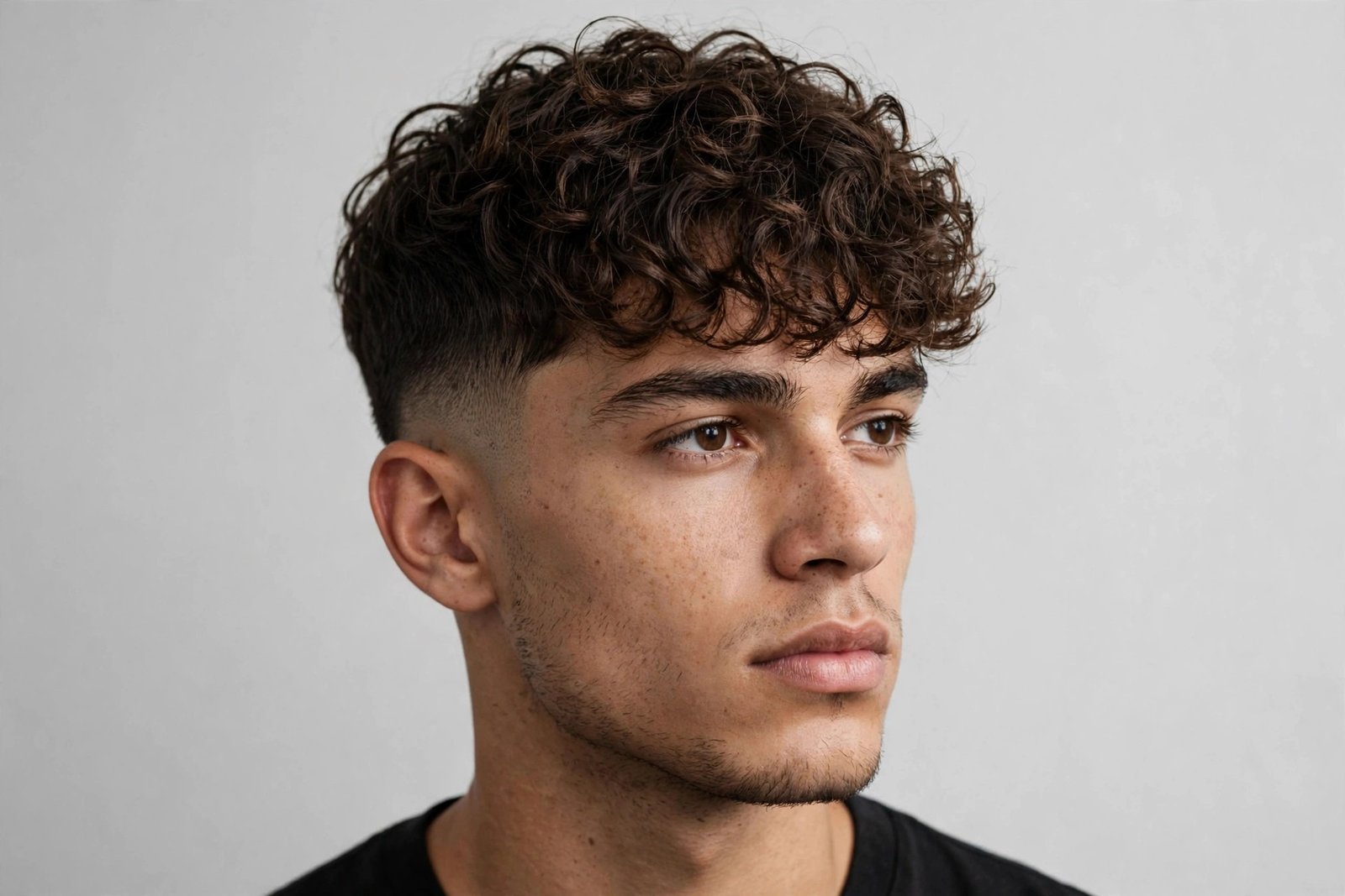 Curly fringe men with mid taper fade, balanced curls forward with gradual taper sides, versatile haircut, studio