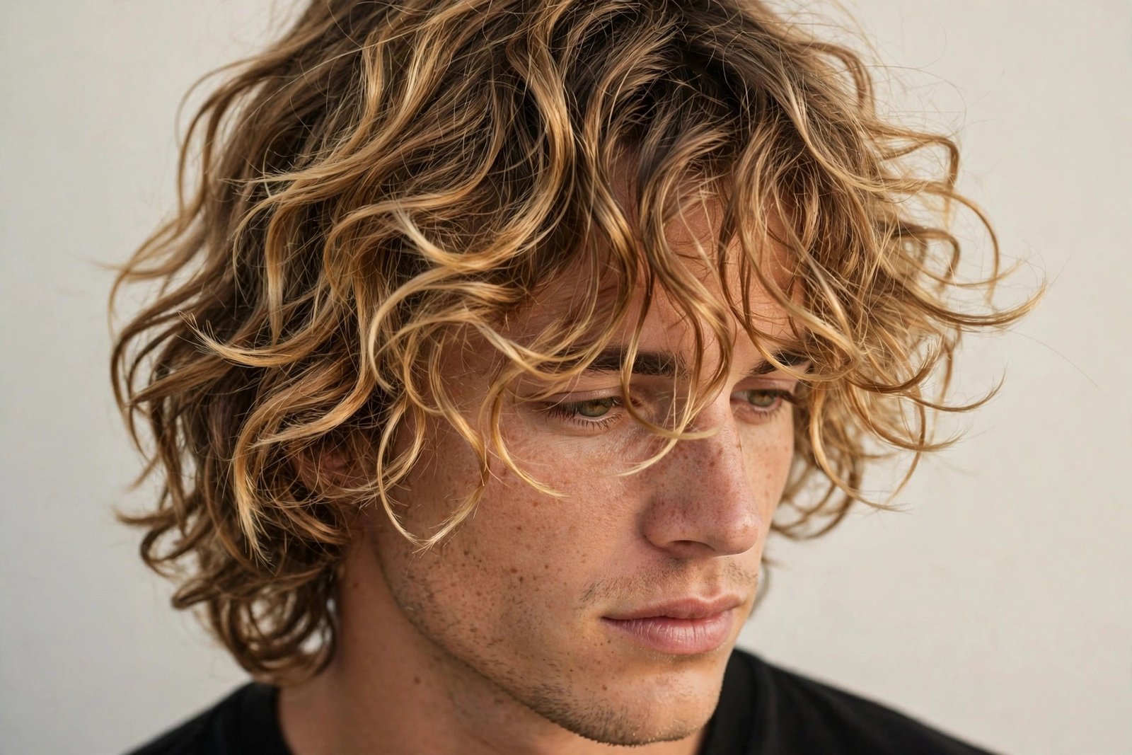 Surfer curly fringe men hairstyle, sun-bleached wavy curls forward, beach texture, relaxed coastal vibe, editorial