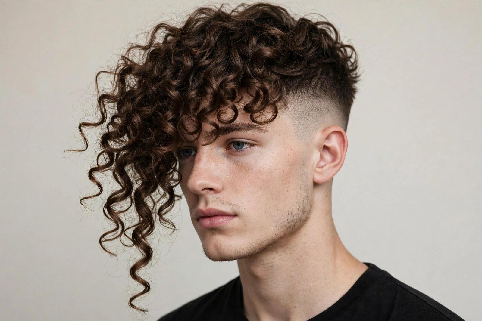 Curly fringe men with undercut, long curls on top forward, disconnected short sides, bold contrast haircut, studio