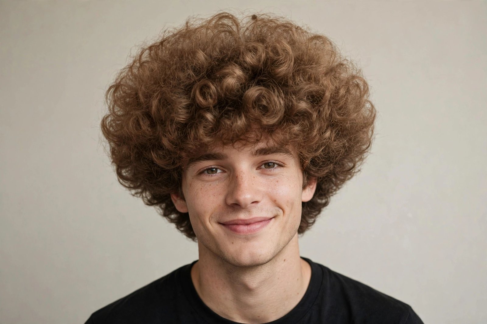 Puffy curly fringe men, rounded voluminous curly fringe shape, full texture cloud, playful editorial hair photo