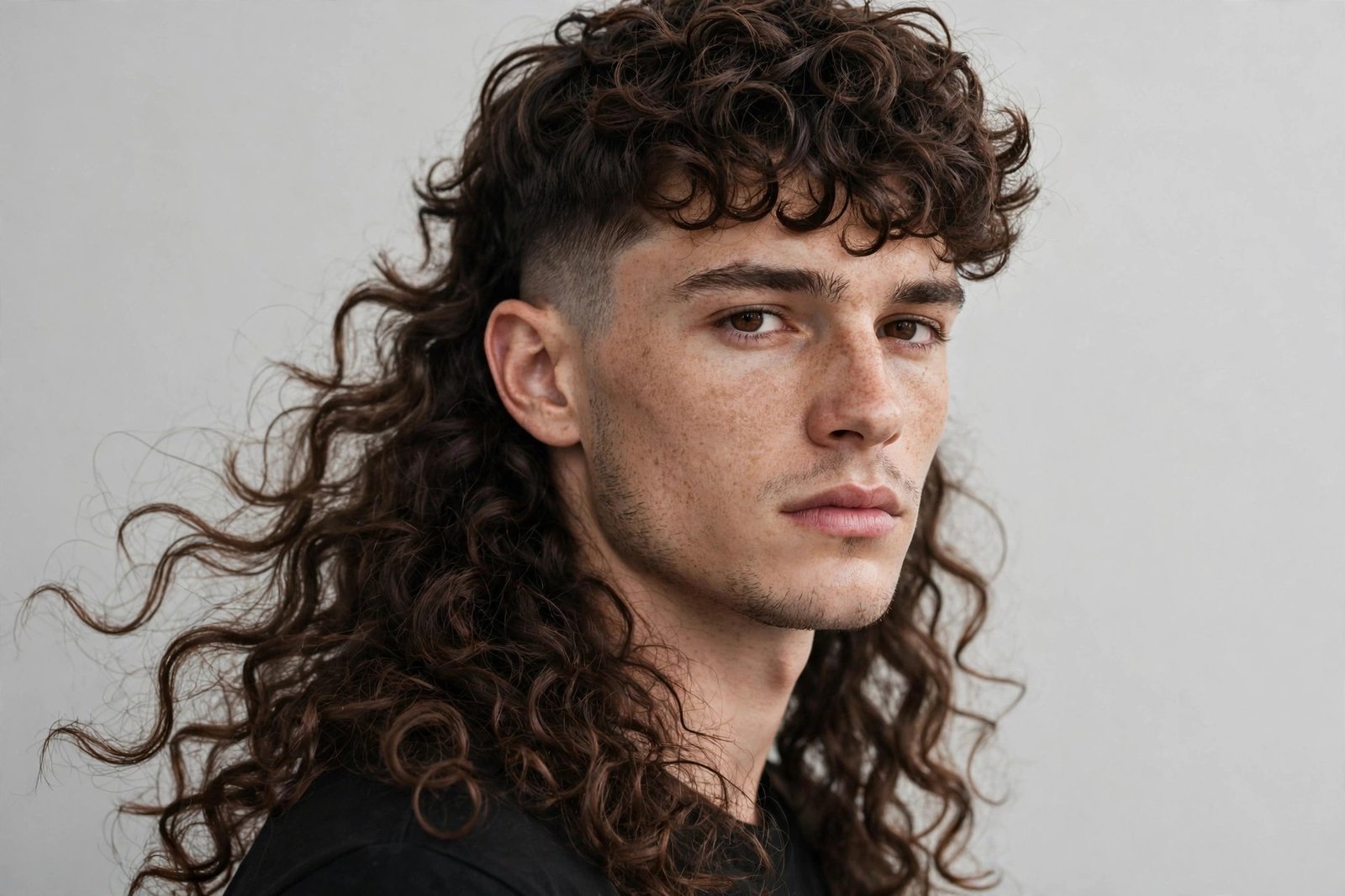 Curly fringe mullet men, curly fringe in front with long curly back, modern mullet hairstyle, editorial studio