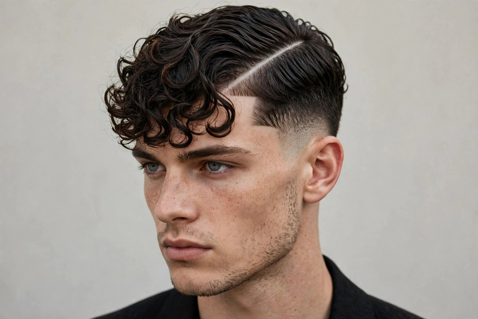 Curly fringe men with hard part, defined shaved part line with curls swept forward, sharp tailored haircut, studio