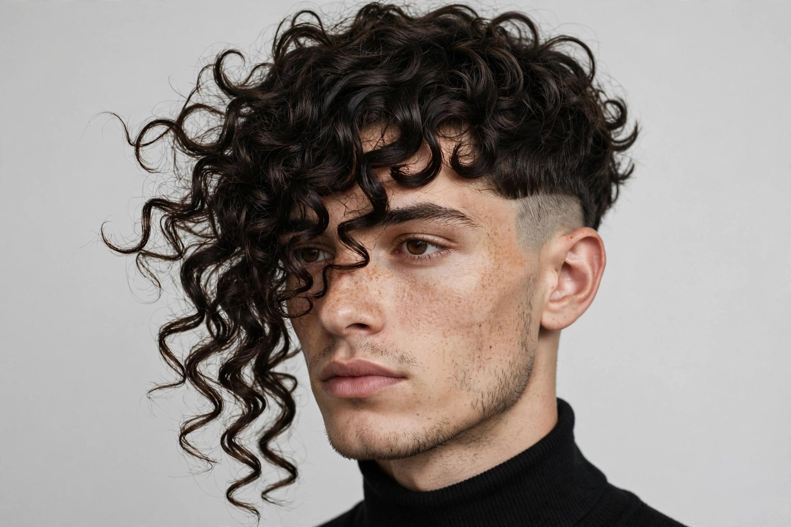 Asymmetric curly fringe men, uneven diagonal fringe with curls longer on one side, avant-garde haircut, studio