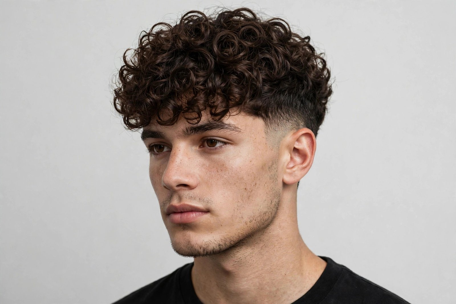 Curly fringe men with low fade, full curls on top forward, subtle low fade at neckline, clean classic haircut, studio