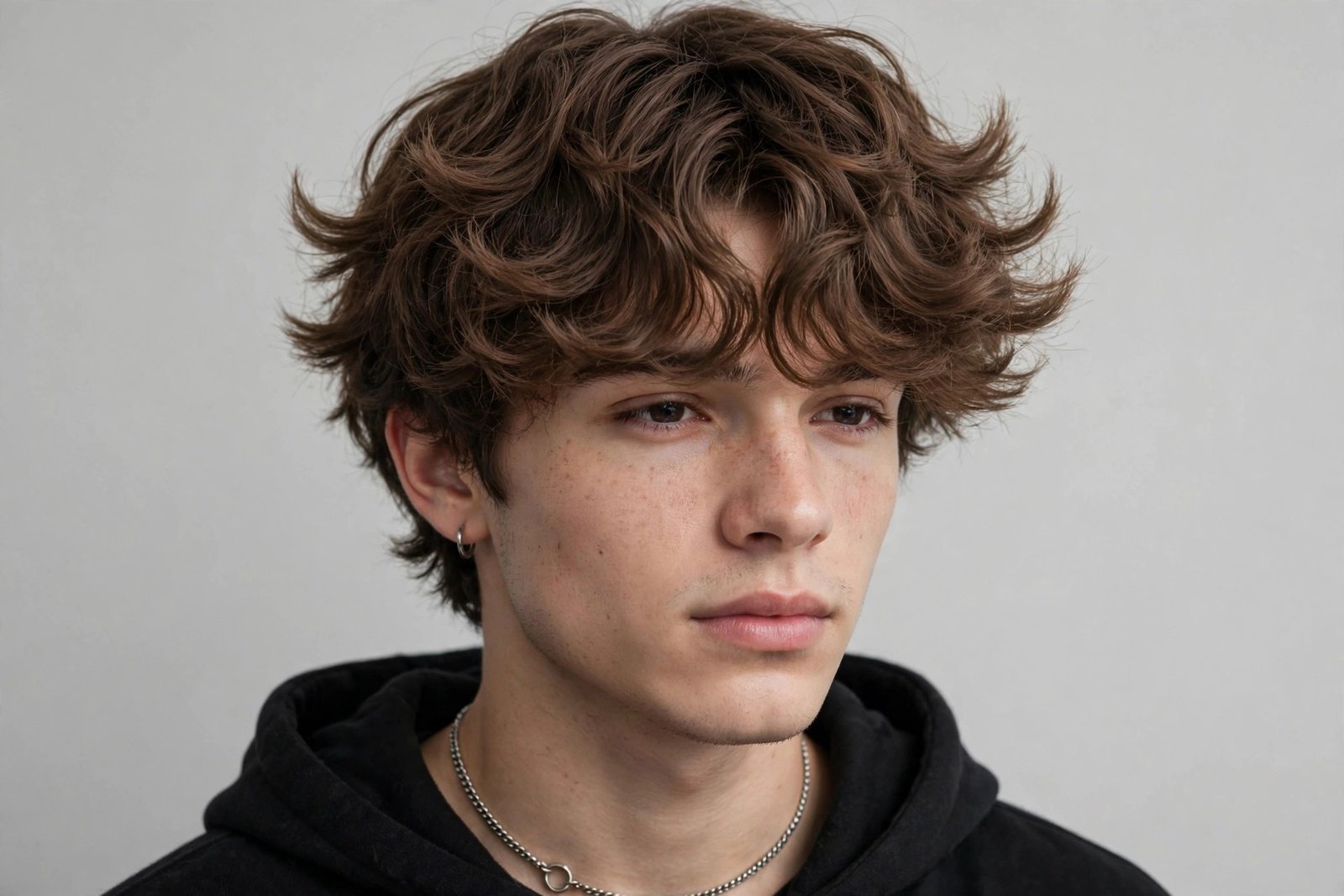 TikTok wavy fringe men, fluffy textured waves forward on forehead, viral e-boy hairstyle, studio portrait