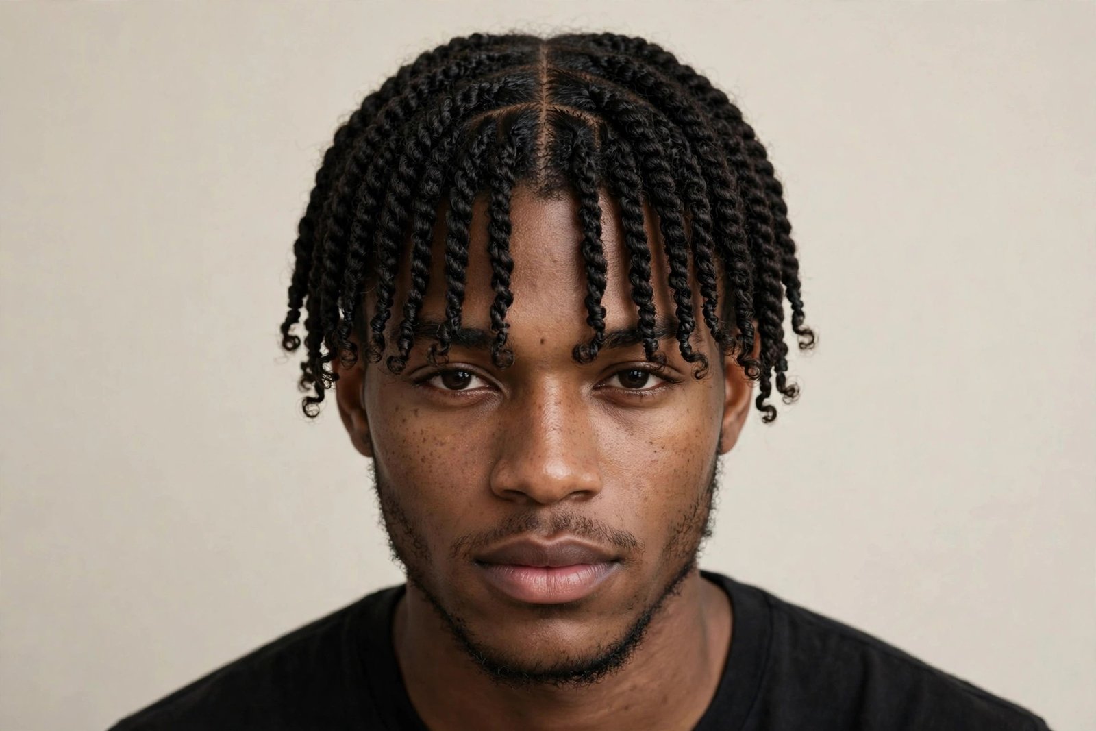 Curly fringe men with two-strand twists, twisted coils worn forward as fringe, protective style texture, studio photo