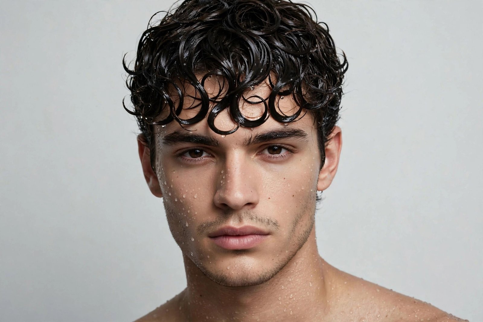 Wet look curly fringe men, glossy defined curls on forehead with high shine finish, evening hairstyle, studio
