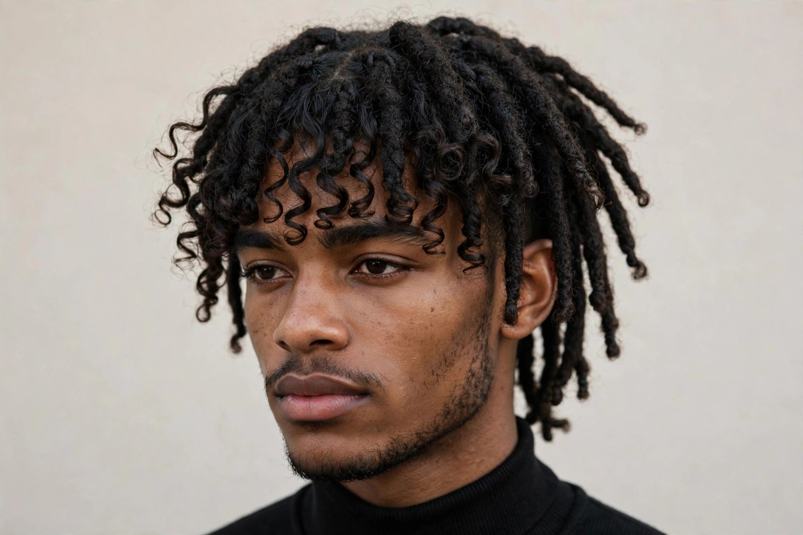 Curly fringe men blended with dreadlocks, locs worn forward as fringe with curly texture, unique fusion hairstyle, studio