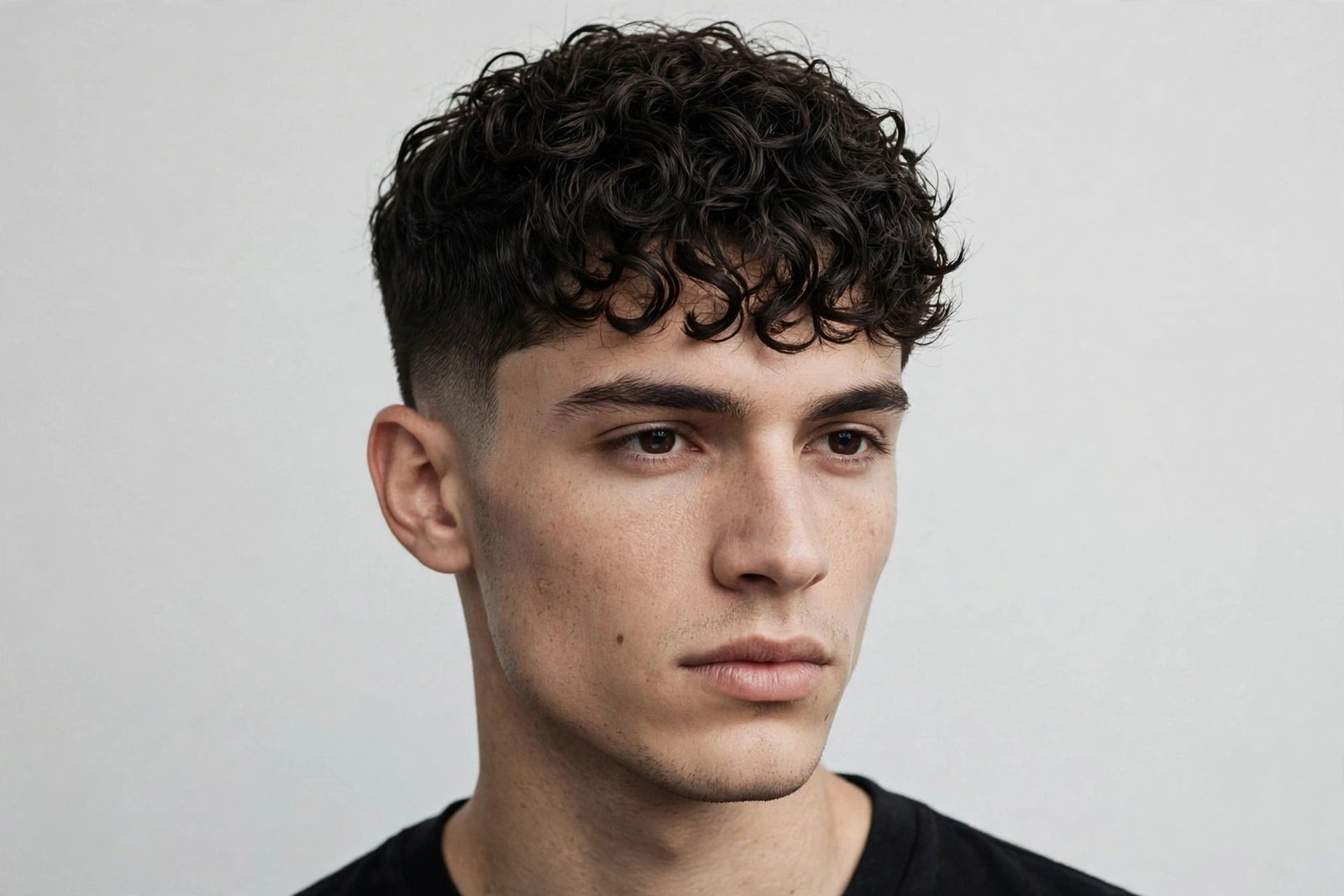 Short curly pixie edge fringe men, cropped curly fringe with tapered edges, minimalist modern haircut, studio