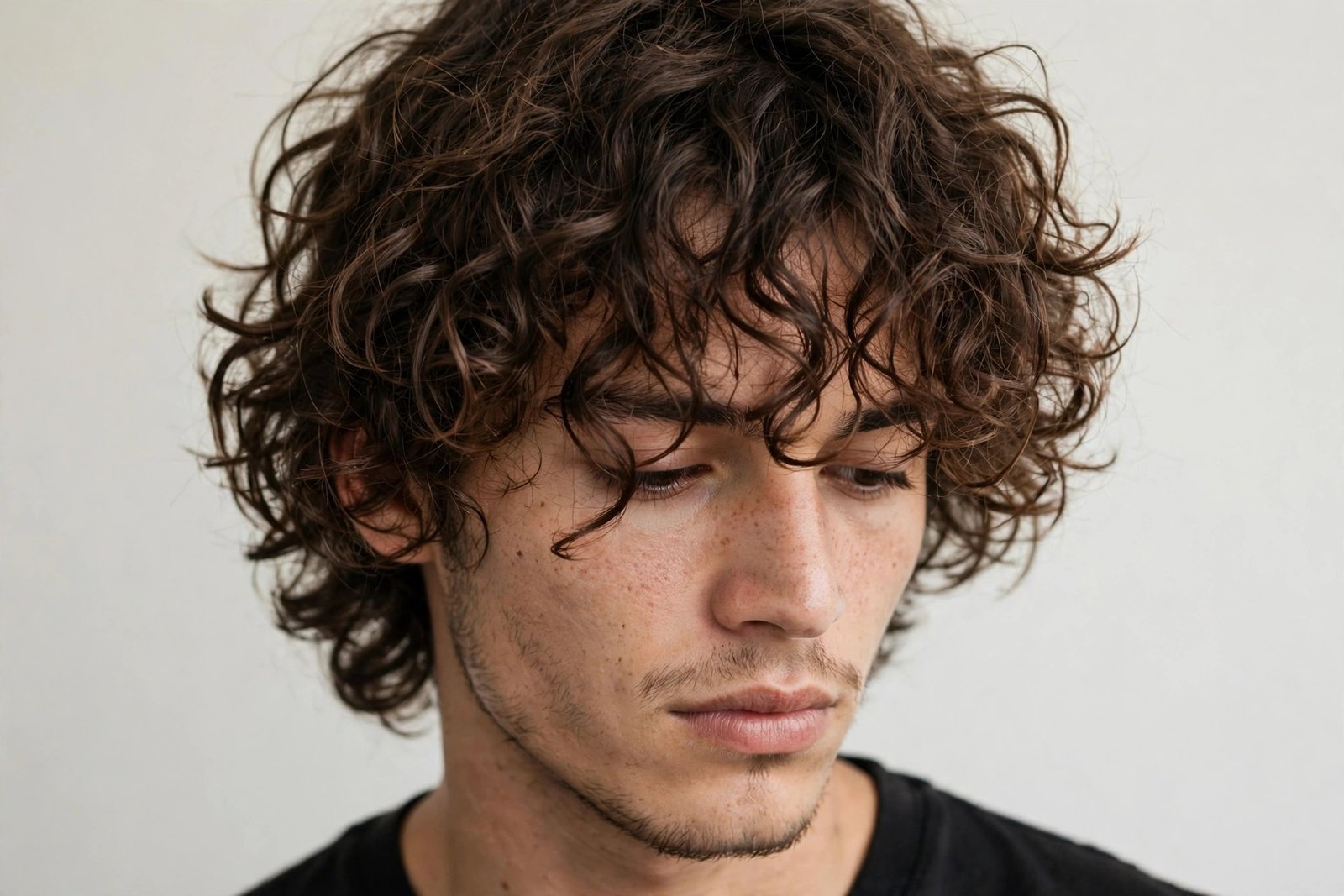 Grown out curly fringe men, longer natural curls falling forward effortlessly, relaxed lived-in hairstyle, studio photo