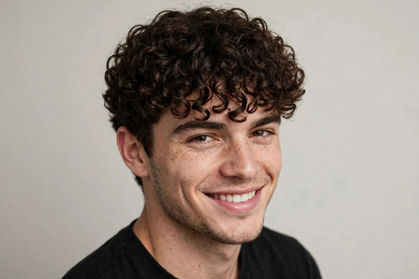 Curly fringe men FAQ, man with perfect curly fringe smiling, common questions answered, studio portrait