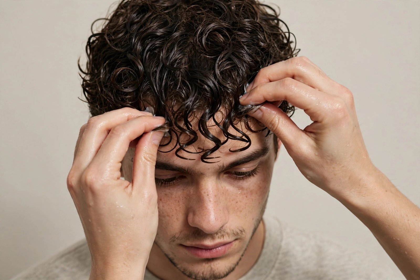 Curly fringe men styling routine, hands applying curl cream to damp curly fringe, grooming tutorial, studio