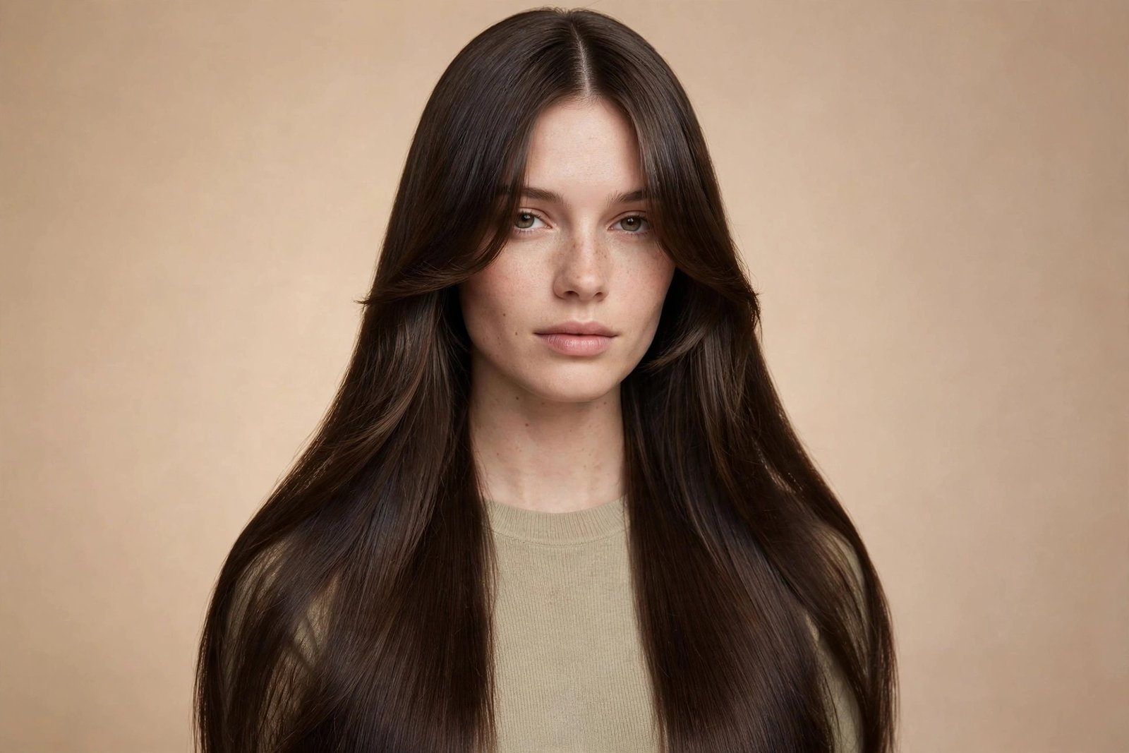 Classic center-parted curtain bangs framing the face symmetrically