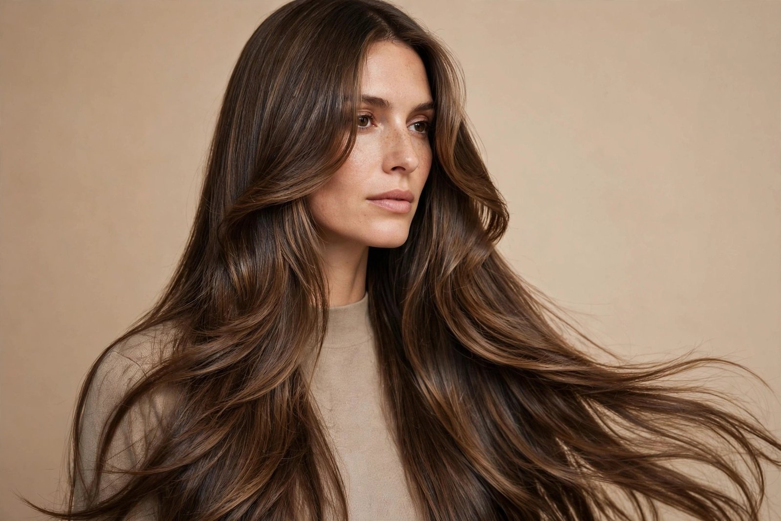 Extra-long curtain fringe draping past the cheekbones toward the jawline