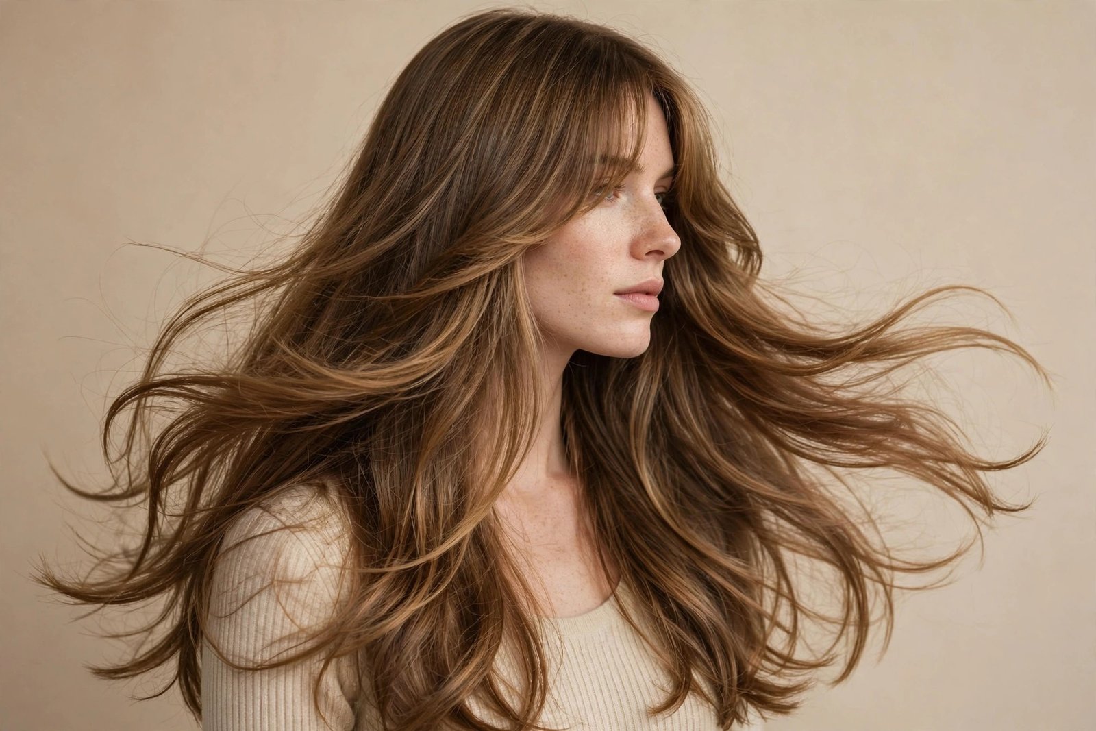 Curtain bangs blended into soft long cascading layers