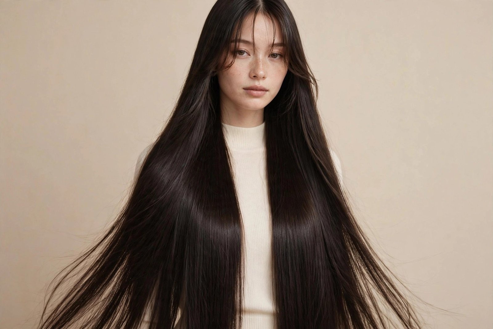 Delicate curtain bangs on very long sleek straight hair