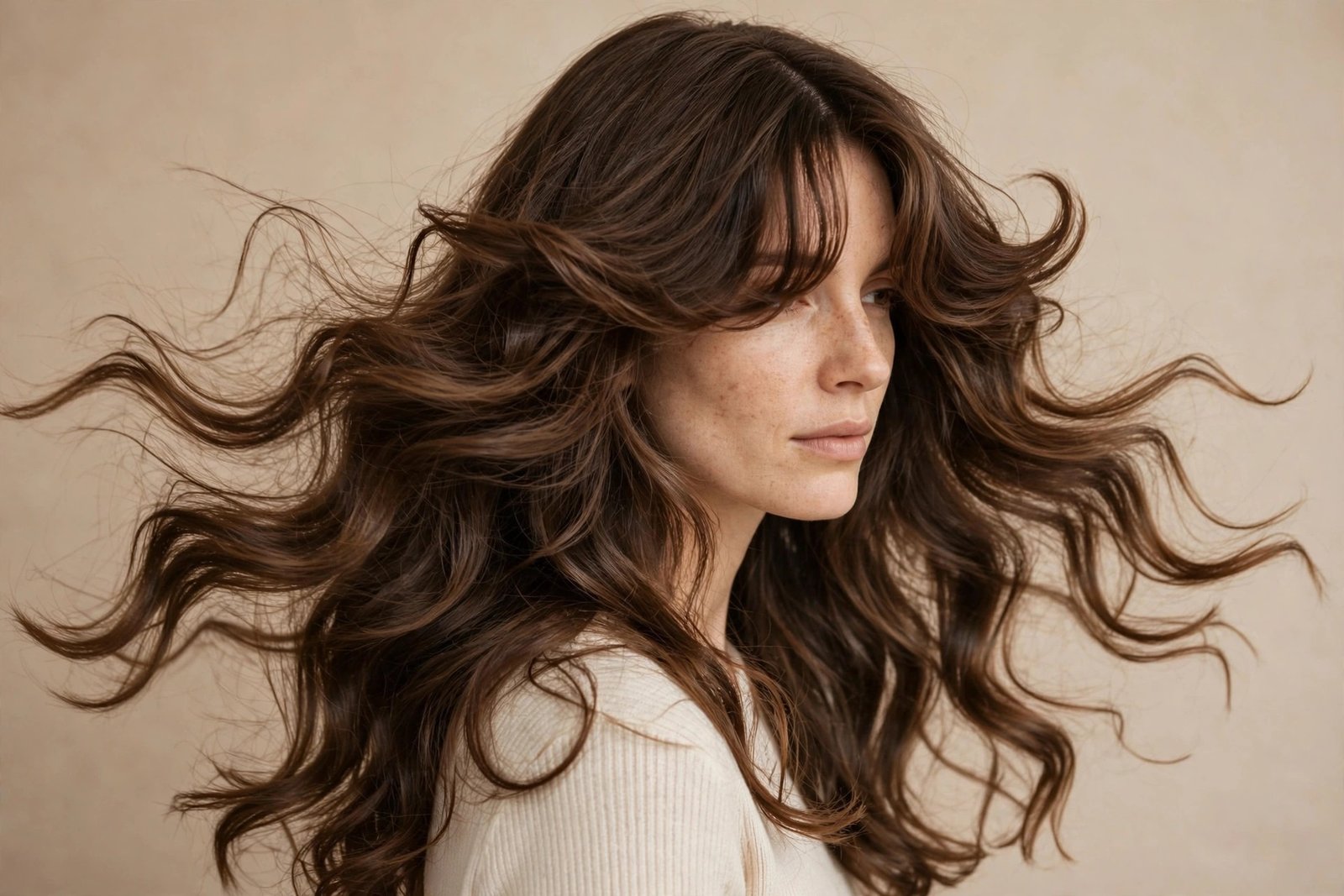 Bouncy wavy curtain bangs with airy movement parted in the middle