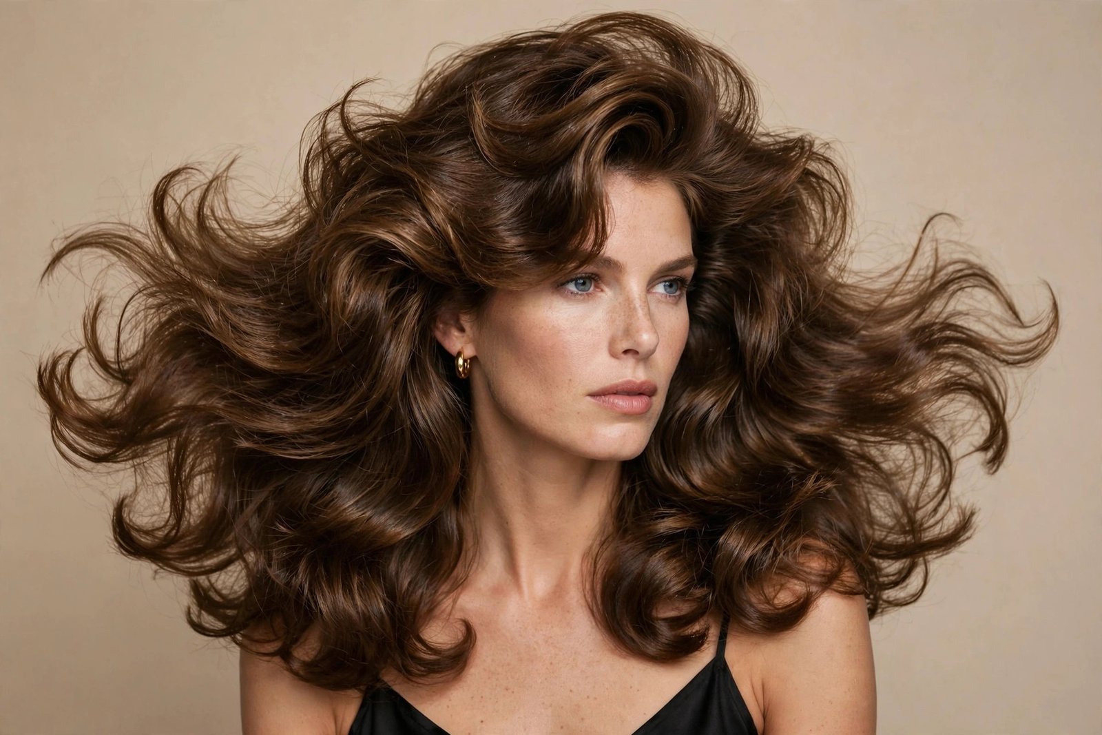 Voluminous blowout with sweeping curtain bangs flicking outward