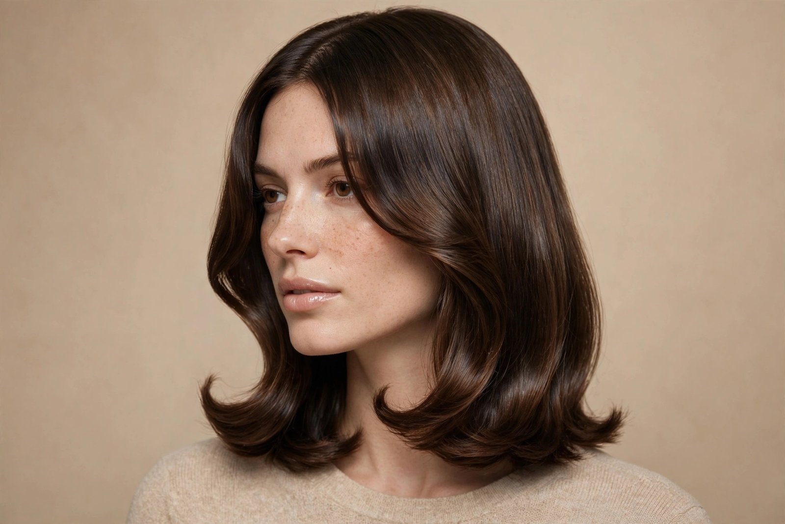 Chic collarbone-length lob haircut with softly curving curtain bangs