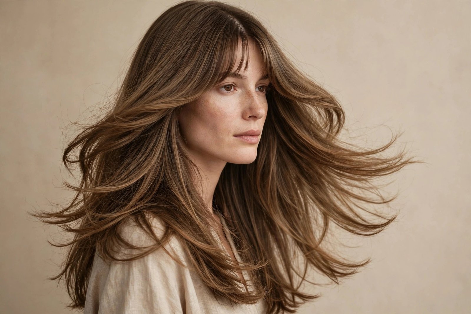 Bottleneck bangs starting narrow at the forehead and widening like a bottle neck
