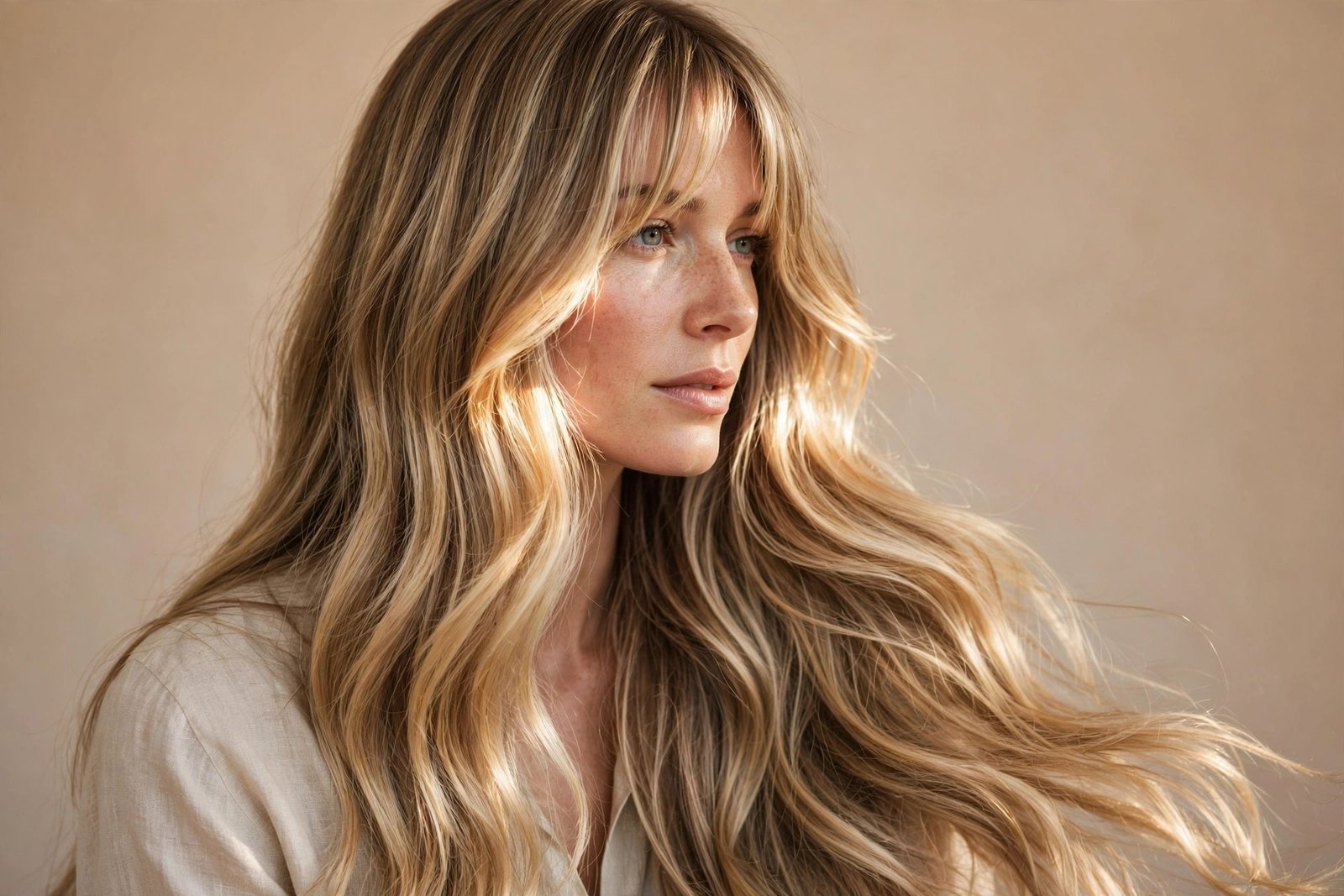 Curtain bangs with sun-kissed face-framing highlights catching the light