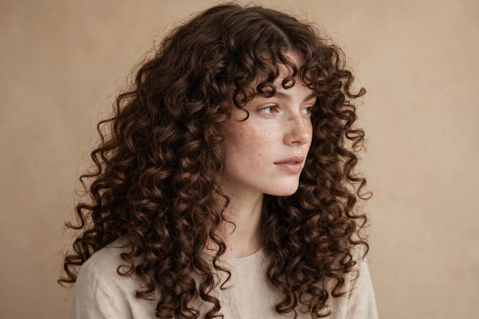Curly curtain bangs with defined ringlets parted in the middle
