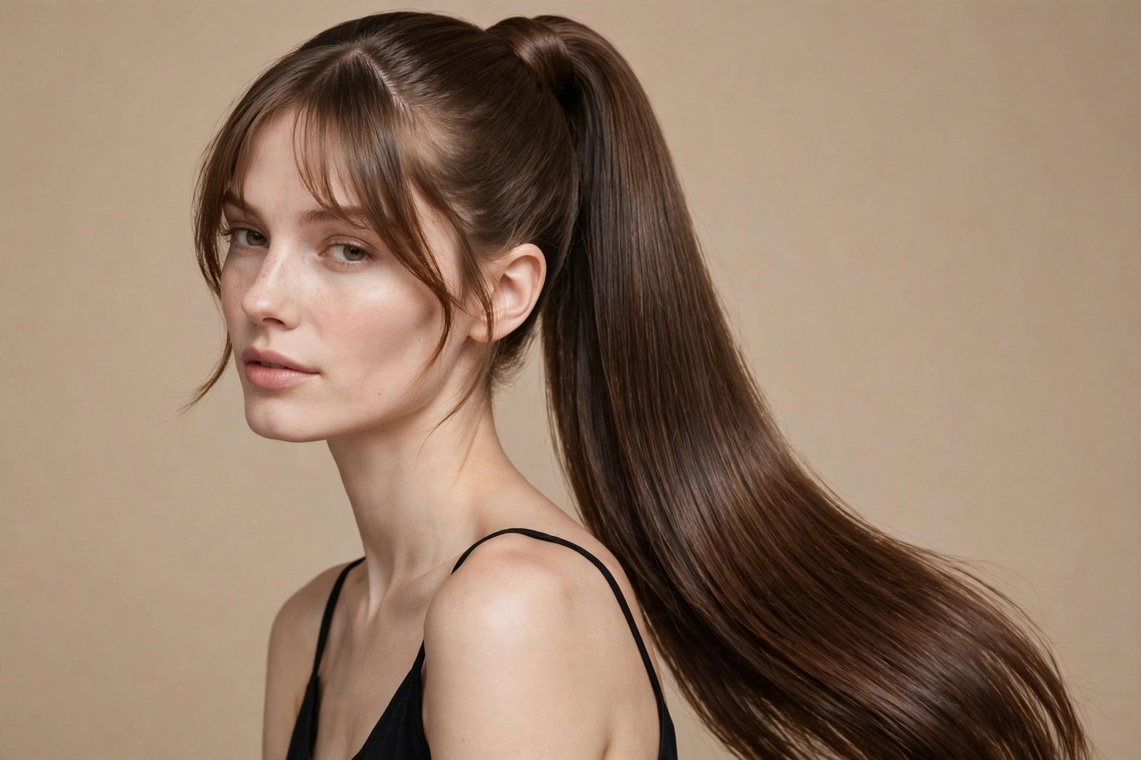 Sleek high ponytail paired with soft face-framing curtain bangs