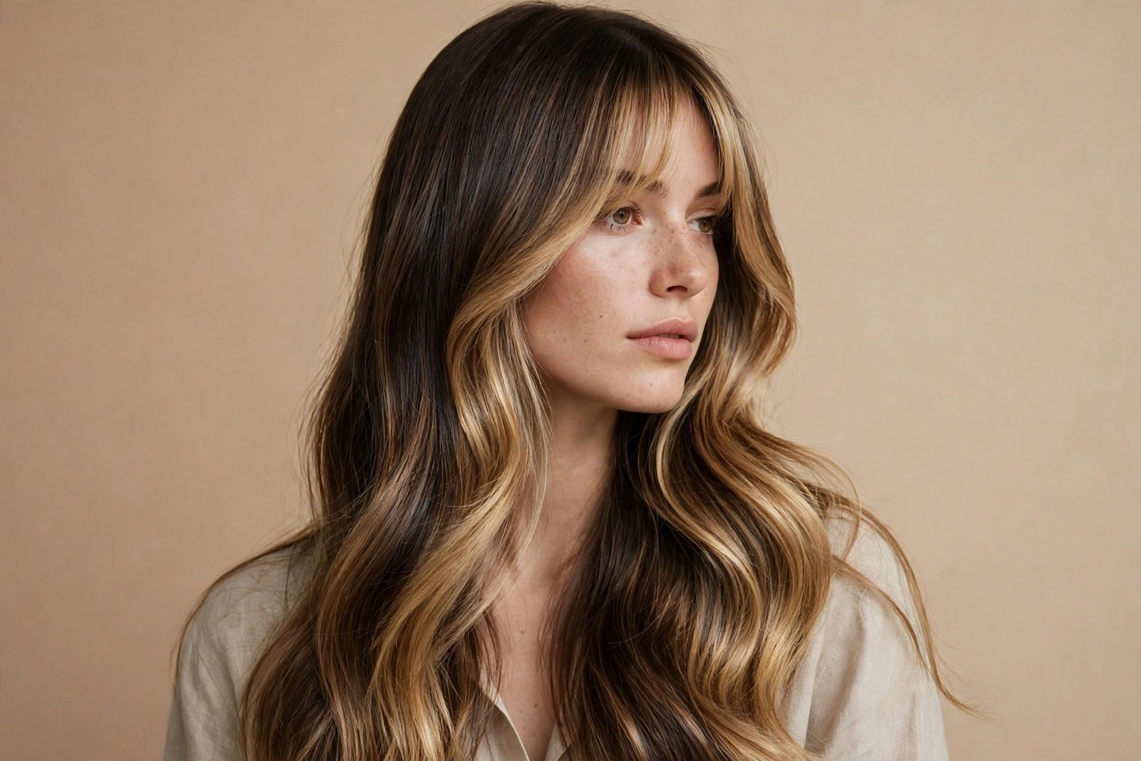 Curtain bangs with dimensional balayage color melting through the fringe
