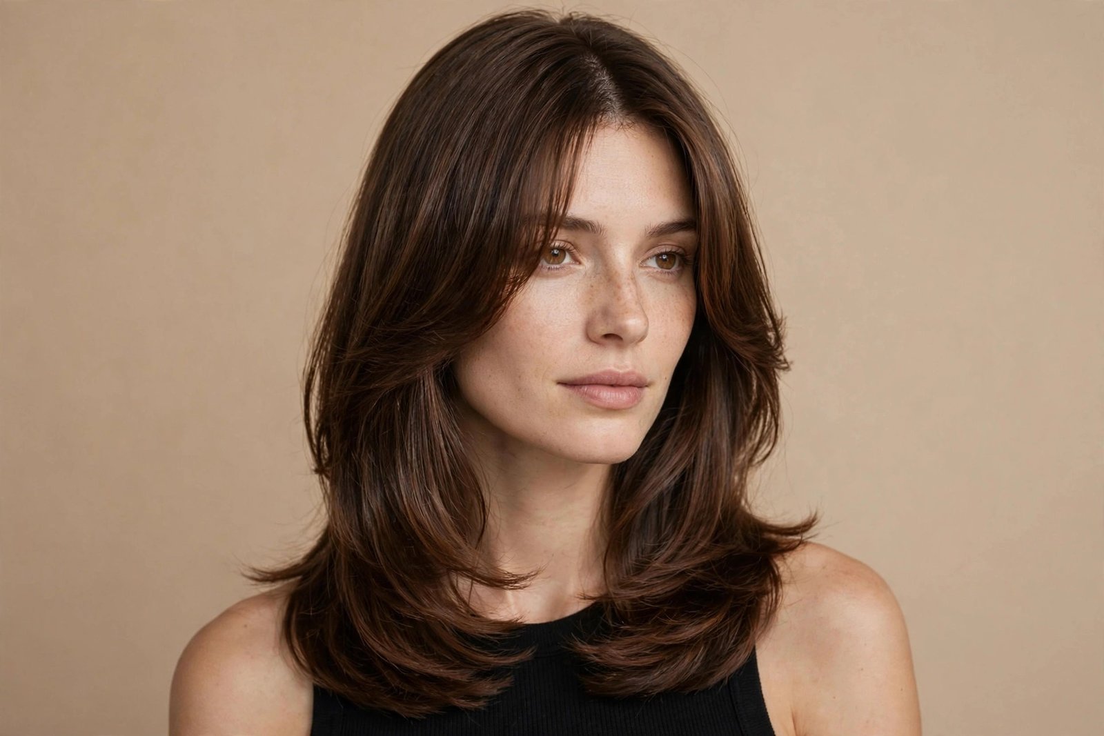 Curtain bangs on a medium-length shoulder-grazing haircut