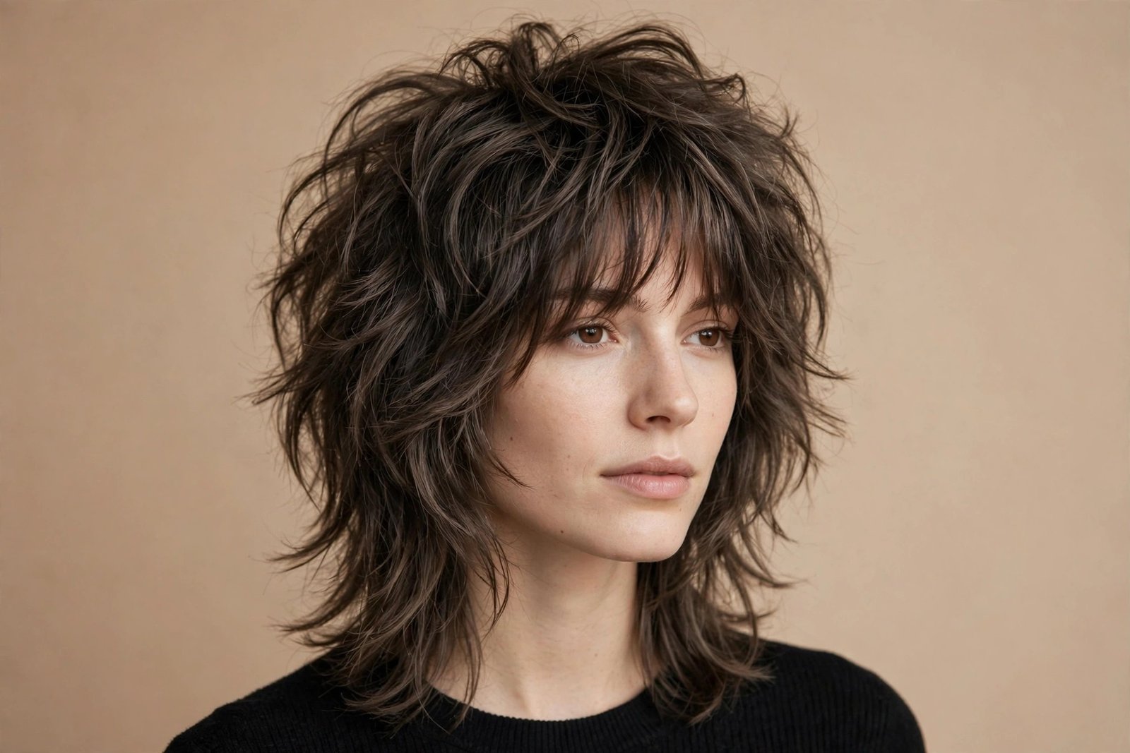 Modern wolf cut with wispy curtain bangs blended into choppy layers