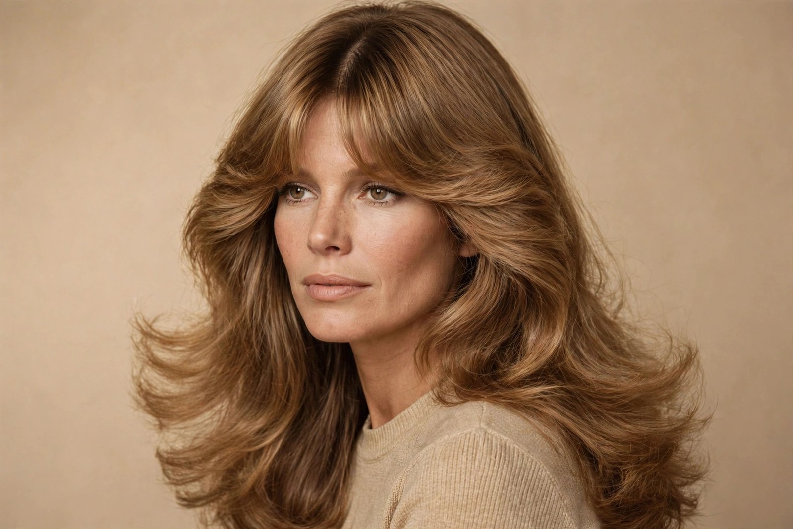 Authentic 1970s-style long sweeping curtain bangs with feathered layers