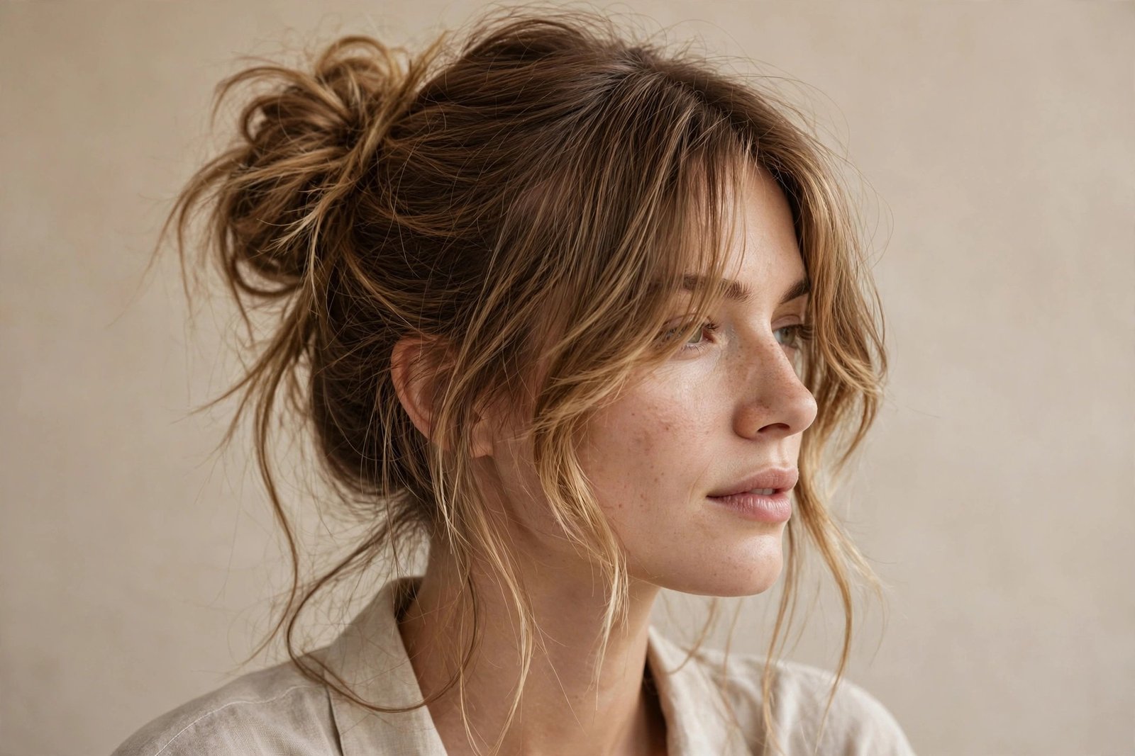 Relaxed messy bun with soft curtain bangs framing the face