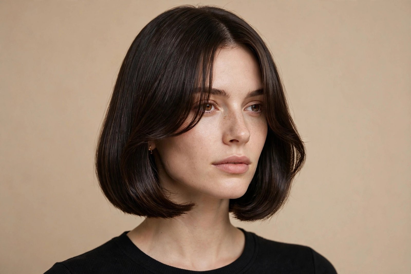 Sleek chin-length bob haircut paired with softly curving curtain bangs