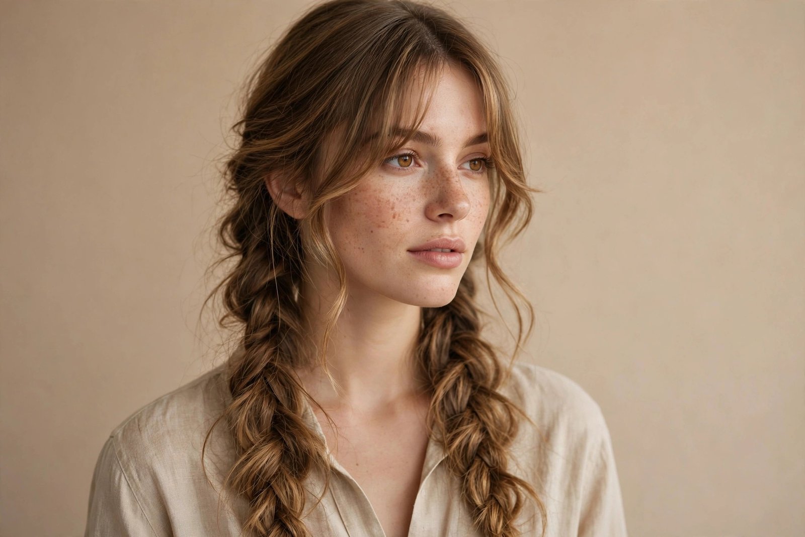 Soft curtain bangs paired with two loose romantic braids