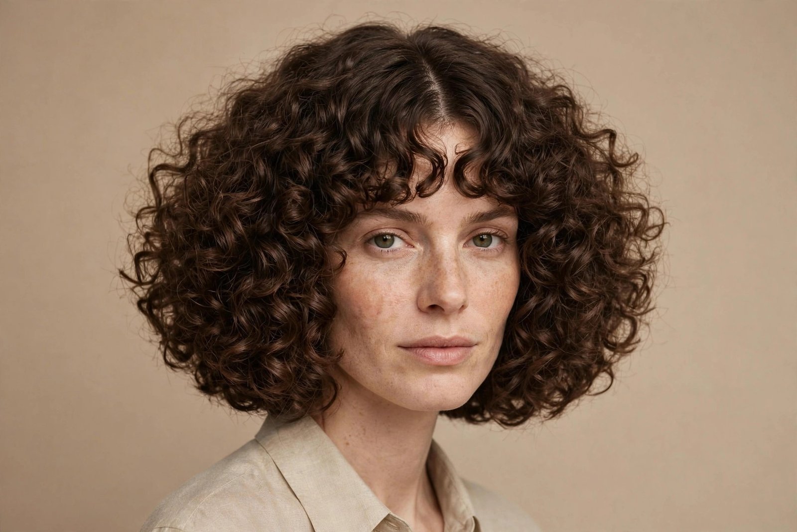 Bouncy curly bob with curly curtain bangs parted in the middle
