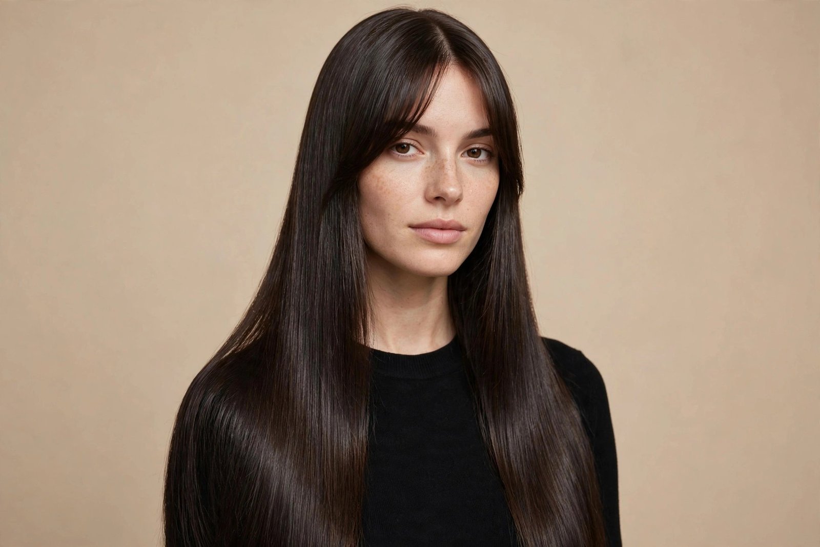 Ultra-sleek straight curtain bangs with mirror-like shine