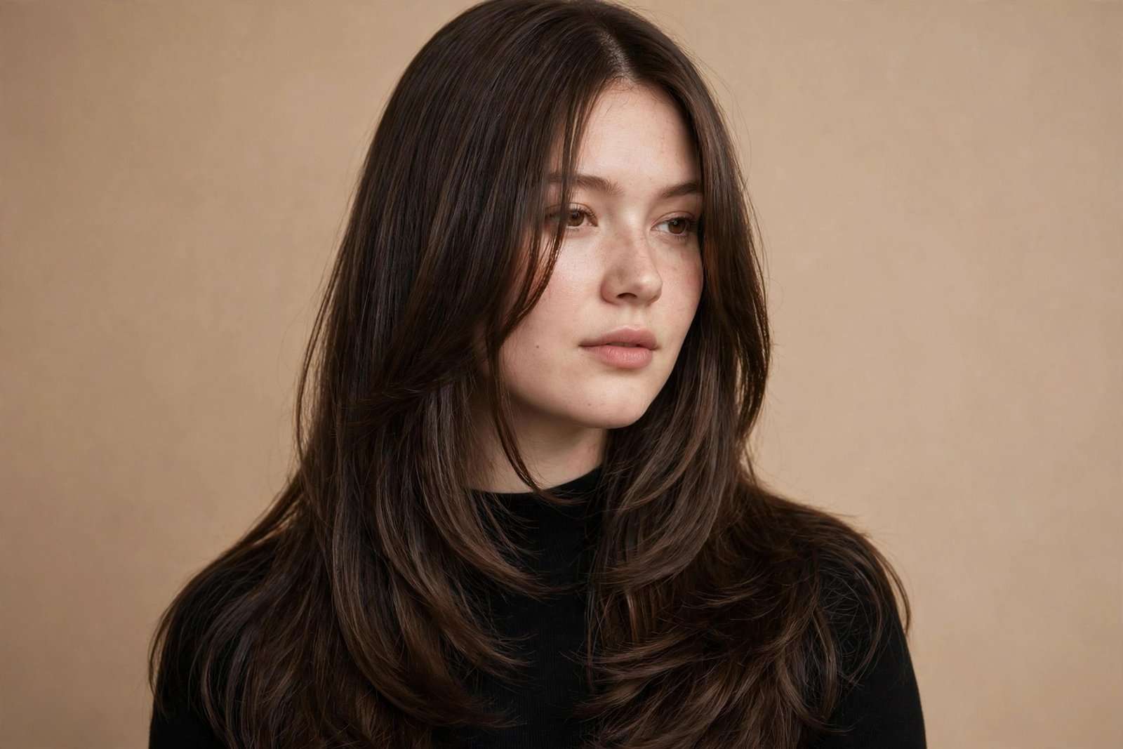 Long curtain bangs creating slimming vertical lines on a round face