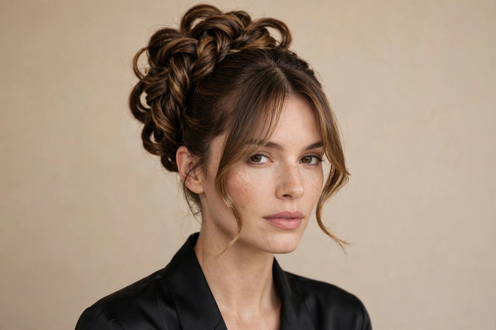 Elegant twisted updo with soft curtain bangs framing the face