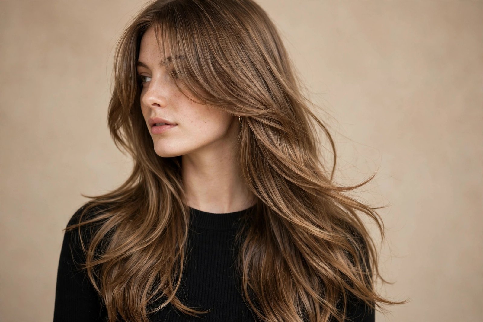Grown-out curtain bangs blended into long elegant face-framing layers