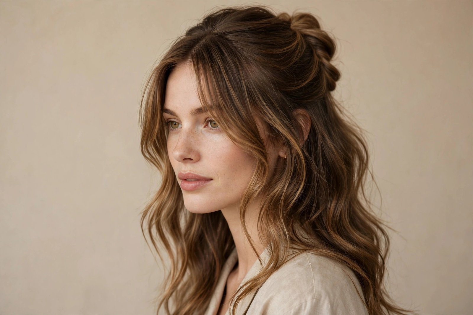 Romantic half-up hairstyle with curtain bangs falling free at the cheekbones