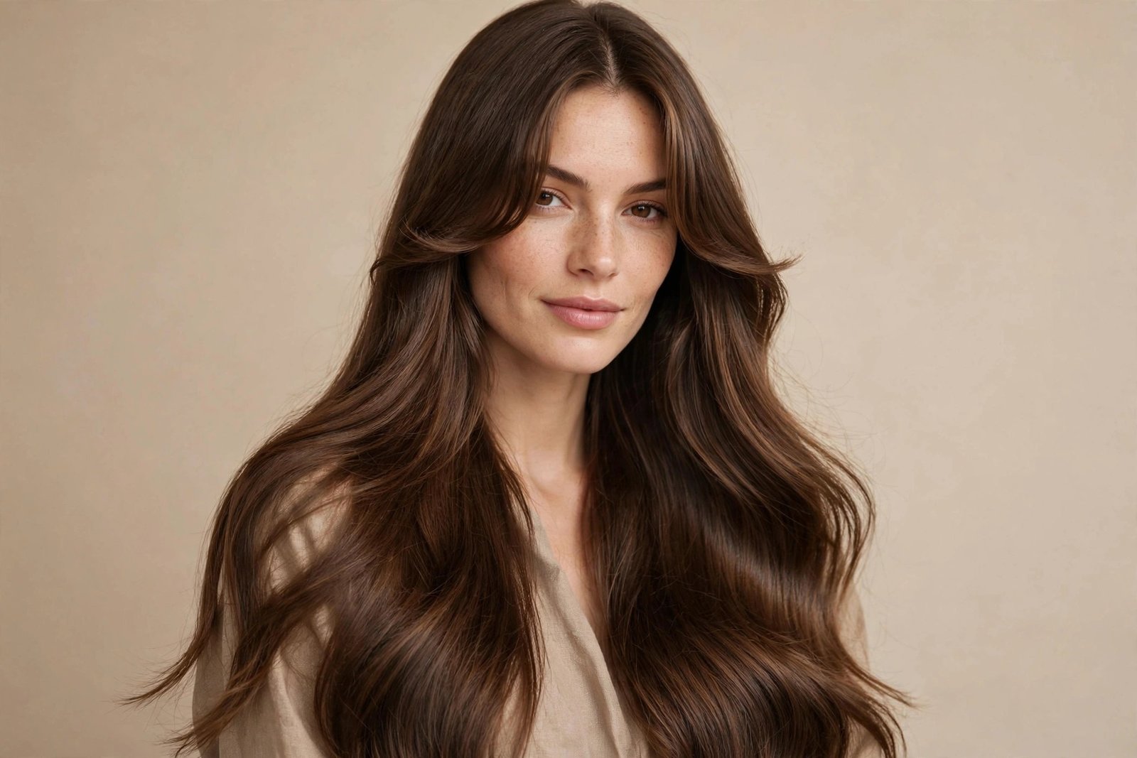 Woman with gorgeous curtain bangs parted in the middle and healthy shiny hair