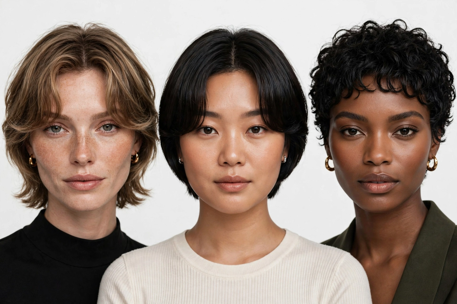 three women with different face shapes wearing curtain crops, studio lighting