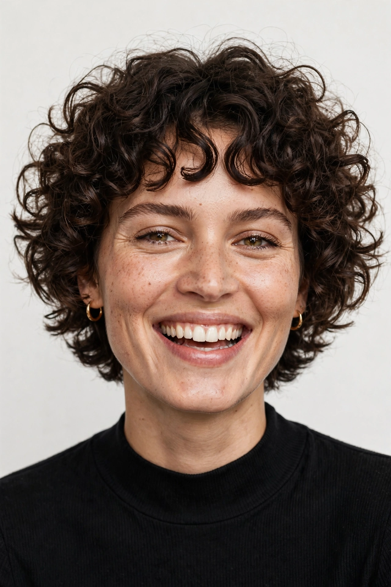 woman with curly hair in a curtain crop, defined natural curls, joyful portrait