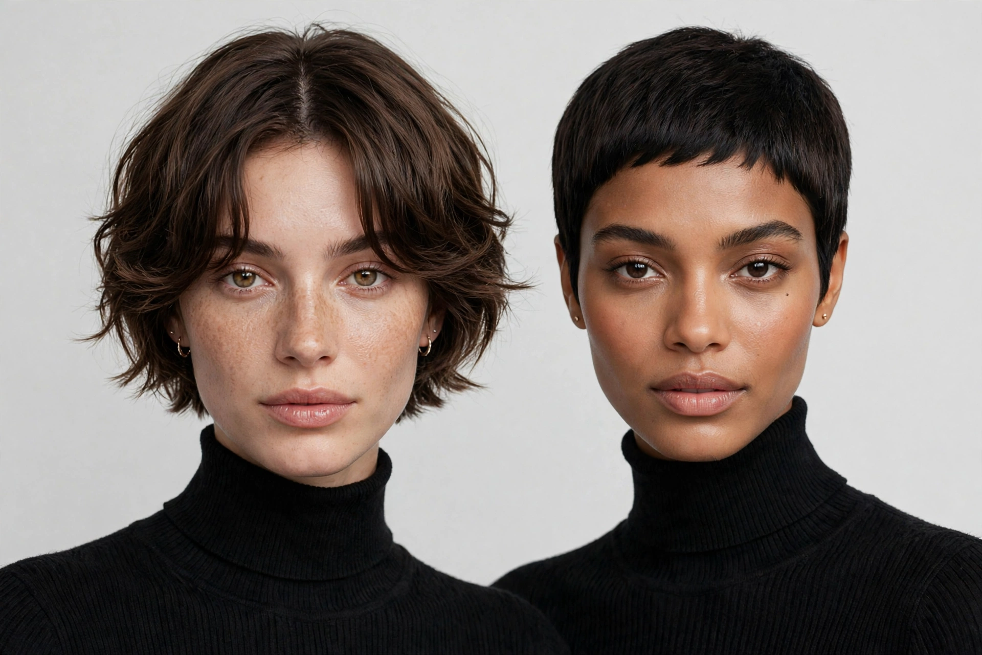side-by-side style comparison of curtain crop and pixie cut on two women