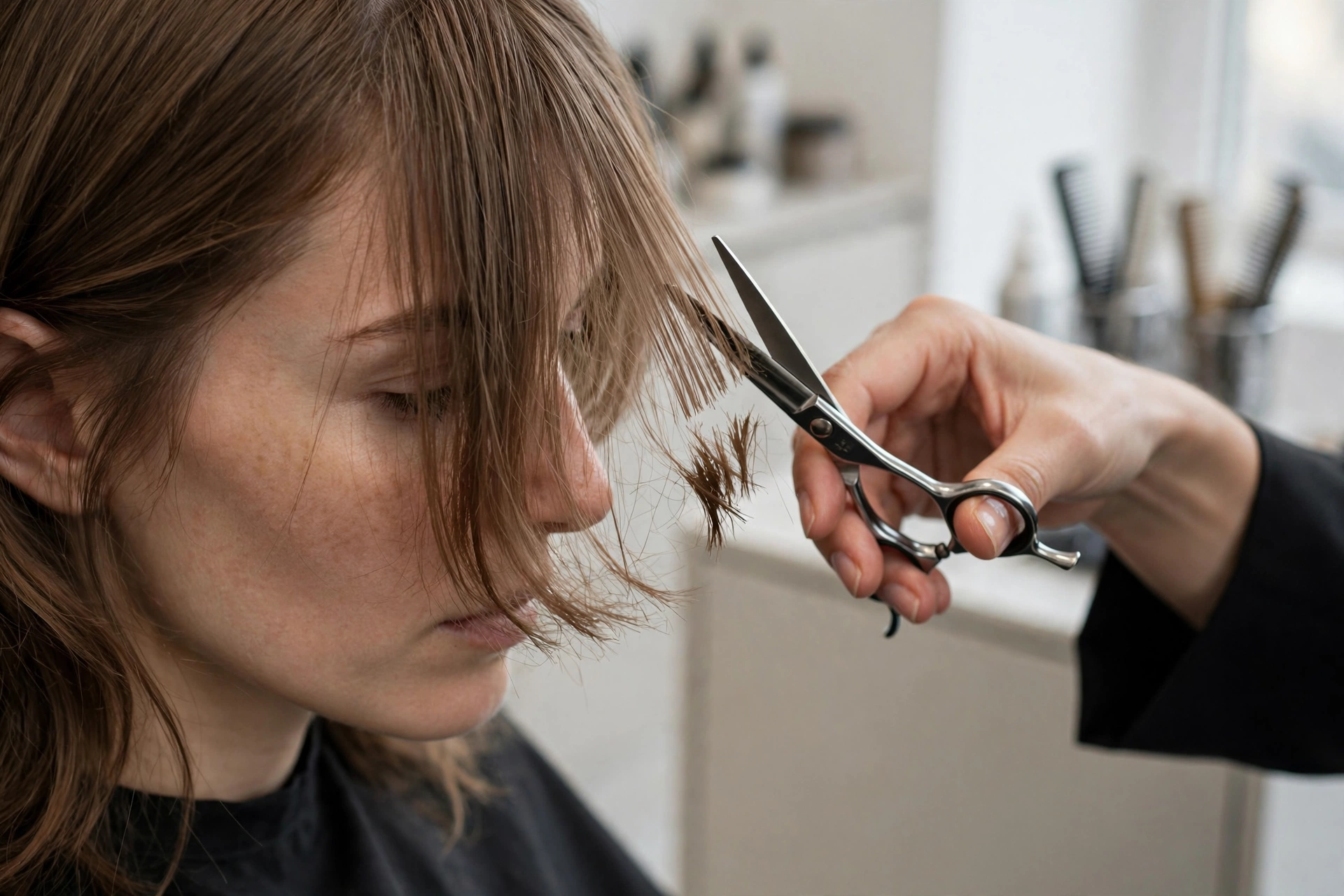 stylist trimming the front panels of a woman's curtain crop, precision trim