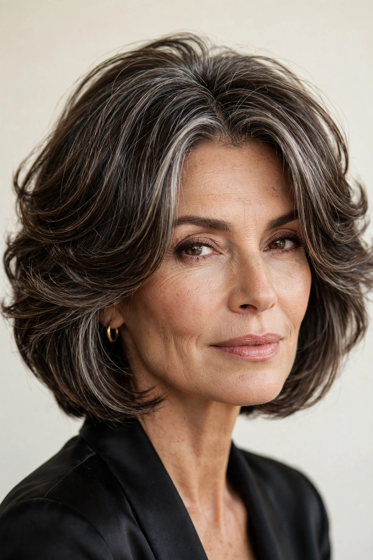 elegant woman over 40 with a curtain crop, sophisticated confident look