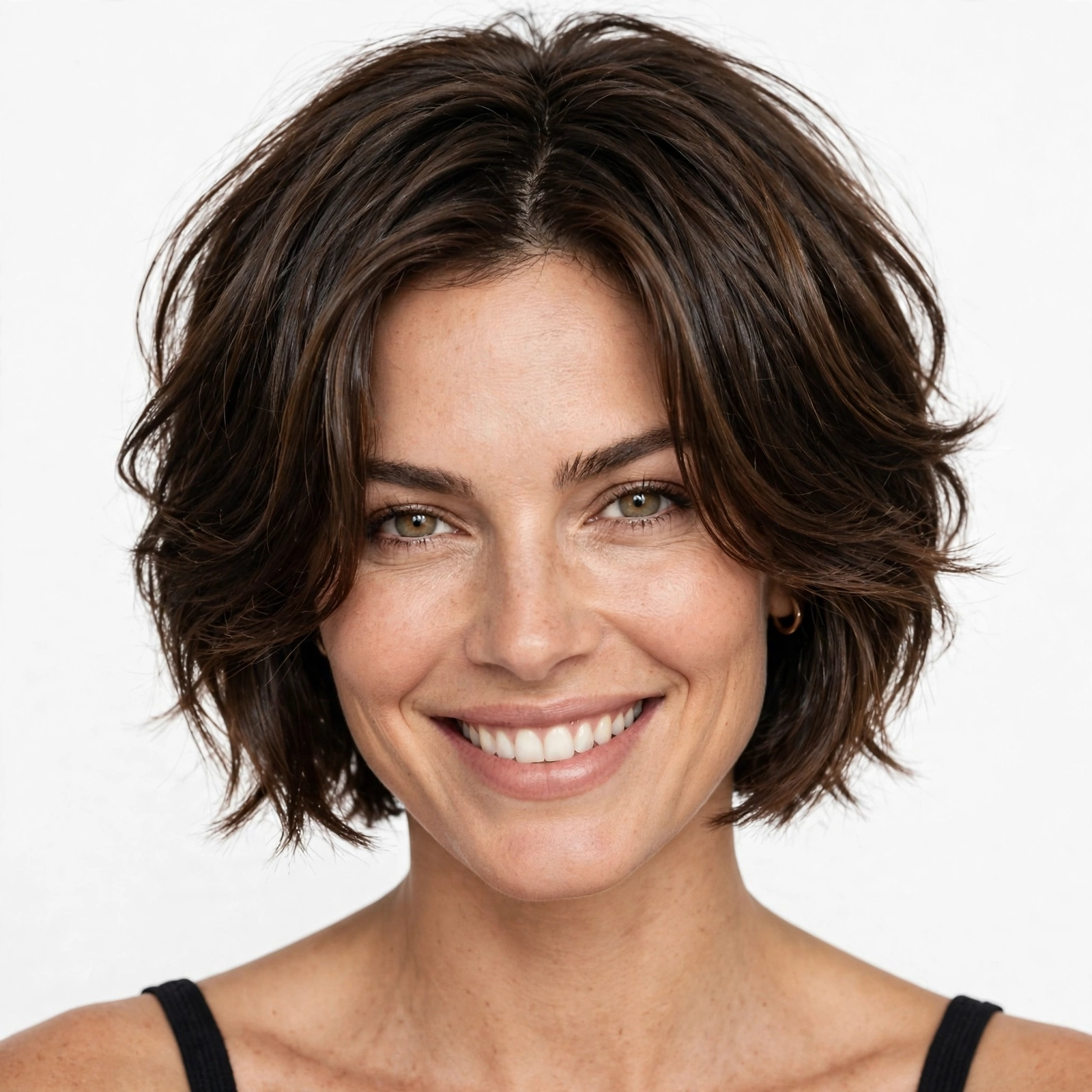 woman with a curtain crop smiling, frequently asked questions concept, bright studio
