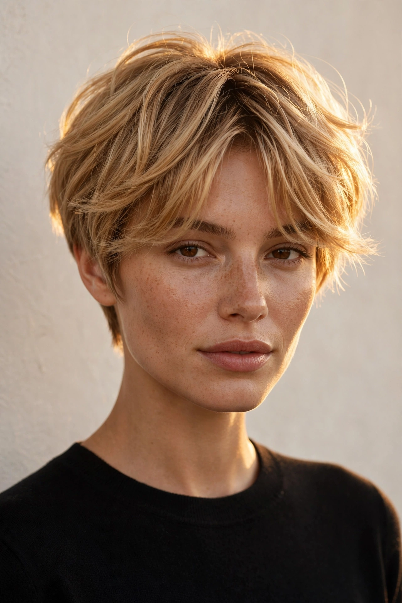 confident woman with a stunning curtain crop, golden hour portrait, premium photography